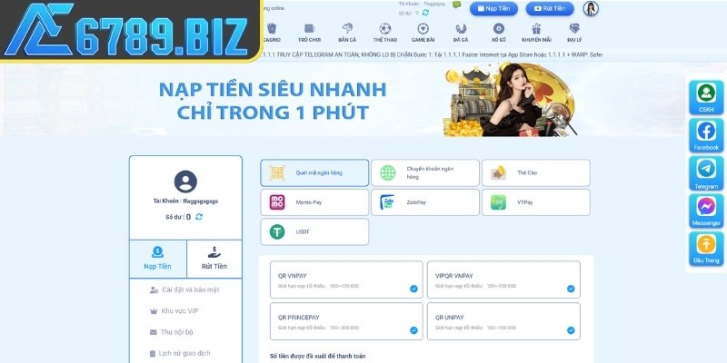 Nạp Tiền AE6789 - Hướng Dẫn Các Phương Thức Giao Dịch 2 Chọn phương thức nạp tiền AE6789